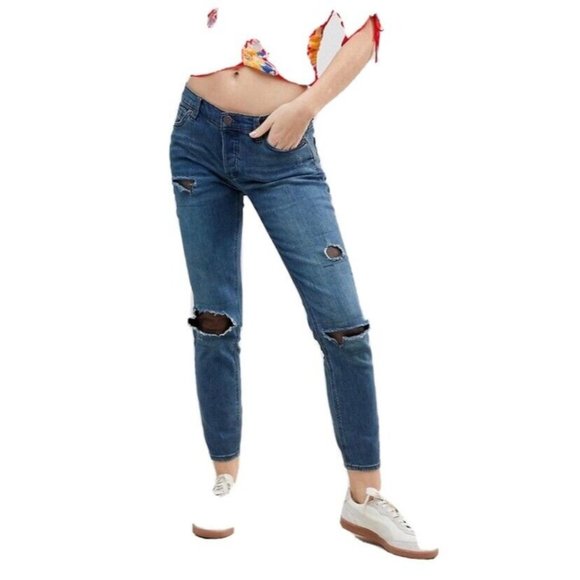 Free People Size‎ 24 Jeans Destroyed Skinny Mesh Fill Medium Wash Distressed - Picture 1 of 9